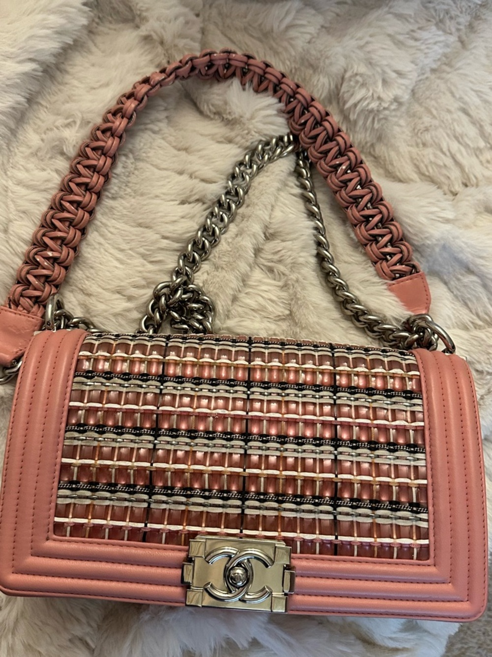 CHANEL Boy Flap Bag Pink Woven Panel Braided Handle Rare Seasonal